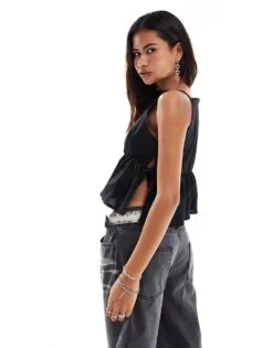 Reclaimed Vintage Peplum Top With Tie Side In Black Poplin For Women -Closet Theory Her 207288714 4