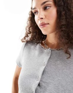 Reclaimed Vintage Button Up Rib Knit Top With Lace Trim In Grey For Women Multi -Closet Theory Her 207289081 3