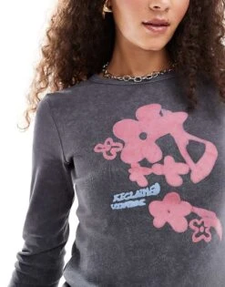 Reclaimed Vintage Long Sleeve Rib Top With Floral Print In Washed Charcoal For Women 9 Reclaimed Vintage Long Sleeve Rib Top With Floral Print In Washed Charcoal For Women -Closet Theory Her 207289663 3