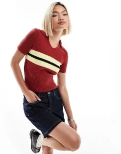 Reclaimed Vintage Short Sleeve Knitted Tee With Contrast Stripe In Burgundy For Women -Closet Theory Her 207319004 1 burgundy 1