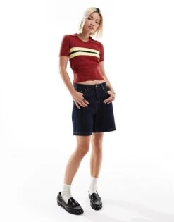 Reclaimed Vintage Short Sleeve Knitted Tee With Contrast Stripe In Burgundy For Women -Closet Theory Her 207319004 3