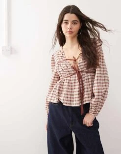 Reclaimed Vintage Smock Top With Ruching Detail In Brown Check For Women -Closet Theory Her 207330705 1 brown 1