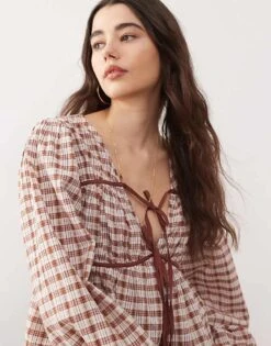 Reclaimed Vintage Smock Top With Ruching Detail In Brown Check For Women -Closet Theory Her 207330705 3