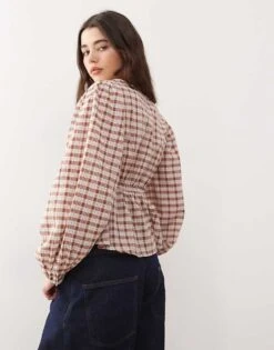 Reclaimed Vintage Smock Top With Ruching Detail In Brown Check For Women -Closet Theory Her 207330705 4