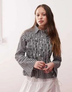 Reclaimed Vintage Ruched Cinched In Shirt In Black And White Gingham For Women Multi