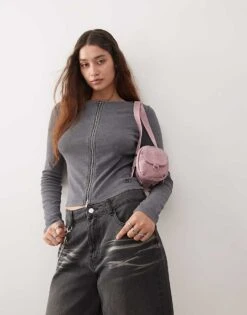 Reclaimed Vintage Long Sleeve Slash Neck Zip Up Top In Washed Charcoal For Women -Closet Theory Her 207340014 1 charcoal 1