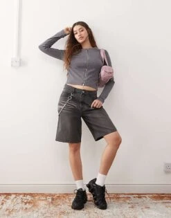 Reclaimed Vintage Long Sleeve Slash Neck Zip Up Top In Washed Charcoal For Women -Closet Theory Her 207340014 3