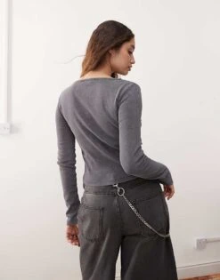 Reclaimed Vintage Long Sleeve Slash Neck Zip Up Top In Washed Charcoal For Women -Closet Theory Her 207340014 4