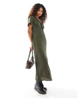Reclaimed Vintage Midi Tea Dress With Lace Trim In Khaki For Women Green -Closet Theory Her 207379587 1 green 1