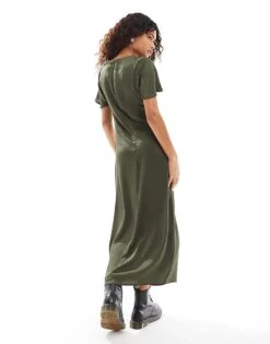 Reclaimed Vintage Midi Tea Dress With Lace Trim In Khaki For Women Green -Closet Theory Her 207379587 3