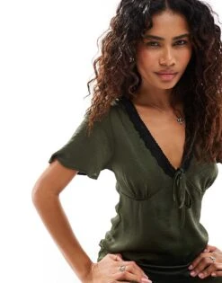 Reclaimed Vintage Midi Tea Dress With Lace Trim In Khaki For Women Green -Closet Theory Her 207379587 4