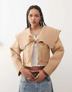 Reclaimed Vintage Detachable Sleeve Frill Collar Jacket In Beige For Women Stone -Closet Theory Her 207389134 1 stone 1