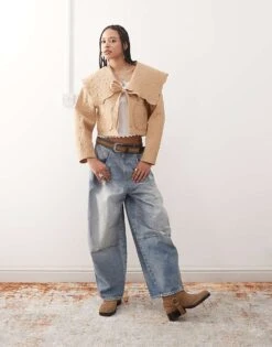 Reclaimed Vintage Detachable Sleeve Frill Collar Jacket In Beige For Women Stone -Closet Theory Her 207389134 3