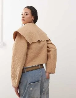 Reclaimed Vintage Detachable Sleeve Frill Collar Jacket In Beige For Women Stone -Closet Theory Her 207389134 4