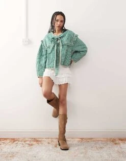 Reclaimed Vintage Bed Jacket With Ties In Green Gingham Check For Women -Closet Theory Her 207389179 1 green 1