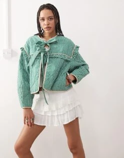 Reclaimed Vintage Bed Jacket With Ties In Green Gingham Check For Women -Closet Theory Her 207389179 3