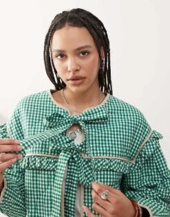 Reclaimed Vintage Bed Jacket With Ties In Green Gingham Check For Women -Closet Theory Her 207389179 4
