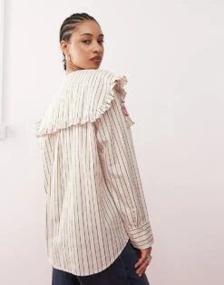 Reclaimed Vintage Shirt With Oversized Collar In Pink And Green Stripe For Women Multi -Closet Theory Her 207393308 2