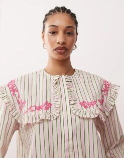 Reclaimed Vintage Shirt With Oversized Collar In Pink And Green Stripe For Women Multi -Closet Theory Her 207393308 4