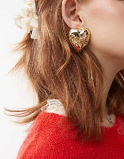 Reclaimed Vintage Oversized Heart Studs With Bows In Gold For Women
