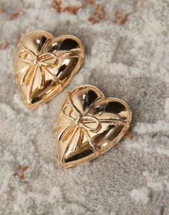 Reclaimed Vintage Oversized Heart Studs With Bows In Gold For Women -Closet Theory Her 207404791 3