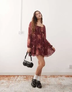 Reclaimed Vintage Floaty Long Sleeve Mini Dress With Tie Front In Burgundy Floral Print For Women -Closet Theory Her 207405181 1 burgundy 1
