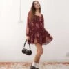 Reclaimed Vintage Floaty Long Sleeve Mini Dress With Tie Front In Burgundy Floral Print For Women