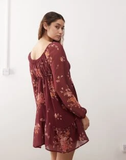 Reclaimed Vintage Floaty Long Sleeve Mini Dress With Tie Front In Burgundy Floral Print For Women -Closet Theory Her 207405181 3