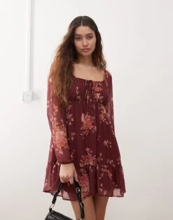 Reclaimed Vintage Floaty Long Sleeve Mini Dress With Tie Front In Burgundy Floral Print For Women -Closet Theory Her 207405181 4