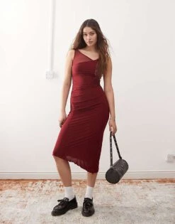 Reclaimed Vintage Asymmetric Hem With Twisted Shoulder Detail Midi Dress In Burgundy For Women
