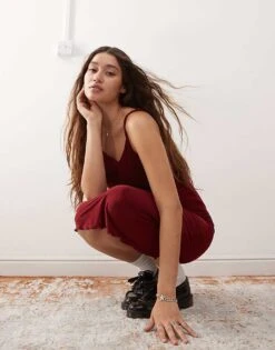 Reclaimed Vintage Asymmetric Hem With Twisted Shoulder Detail Midi Dress In Burgundy For Women -Closet Theory Her 207408915 4