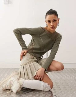 Reclaimed Vintage Long Sleeve Lace Patchwork Top In Olive Green For Women Khaki -Closet Theory Her 207414770 1 khaki 1