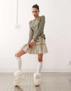 Reclaimed Vintage Long Sleeve Lace Patchwork Top In Olive Green For Women Khaki -Closet Theory Her 207414770 2