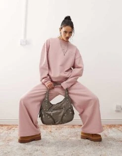 Reclaimed Vintage Wide Leg Joggers In Dusty Mauve Pink For Women