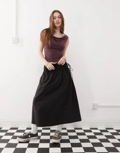 Reclaimed Vintage Full Poplin Midi Skirt With Tie Sides In Black For Women