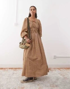 Reclaimed Vintage Maxi Smock Dress With Tie Front Detail In Yellow And Pink Check For Women Multi