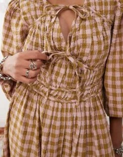 Reclaimed Vintage Maxi Smock Dress With Tie Front Detail In Yellow And Pink Check For Women Multi -Closet Theory Her 207424882 3