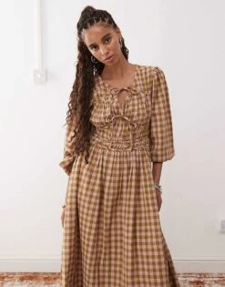 Reclaimed Vintage Maxi Smock Dress With Tie Front Detail In Yellow And Pink Check For Women Multi -Closet Theory Her 207424882 4