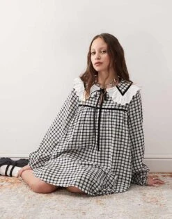 Reclaimed Vintage Mini Tea Dress With Collar In Black And White Check For Women -Closet Theory Her 207424920 4