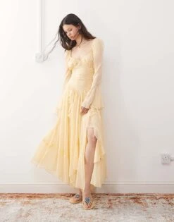 Reclaimed Vintage Maxi Dress With Long Sleeves And Ruffles In Butter Yellow For Women Cream -Closet Theory Her 207424942 1 cream 1