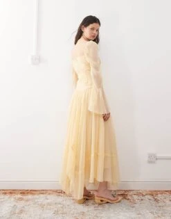Reclaimed Vintage Maxi Dress With Long Sleeves And Ruffles In Butter Yellow For Women Cream -Closet Theory Her 207424942 3