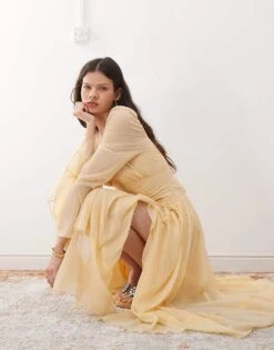 Reclaimed Vintage Maxi Dress With Long Sleeves And Ruffles In Butter Yellow For Women Cream -Closet Theory Her 207424942 4
