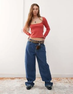 Reclaimed Vintage Low Rise Baggy Jean In Mid Blue For Women Mid Blue Wash