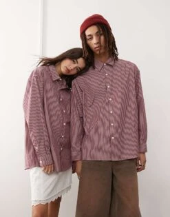 Reclaimed Vintage Unisex Oversized Shirt In Burgundy Stripe For Unisex -Closet Theory Her 207438415 1 burgundy 1