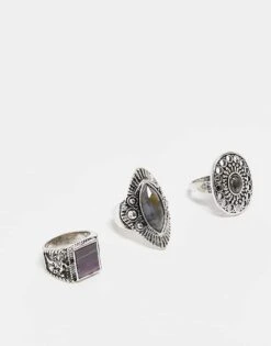 Reclaimed Vintage Unisex Ring 3 Pack With Faux Stones In Silver For Unisex