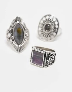 Reclaimed Vintage Unisex Ring 3 Pack With Faux Stones In Silver For Unisex -Closet Theory Her 207438755 3