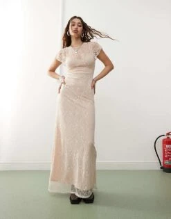 Reclaimed Vintage Lace Maxi Dress In Champagne For Women Ivory