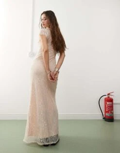 Reclaimed Vintage Lace Maxi Dress In Champagne For Women Ivory -Closet Theory Her 207441814 3