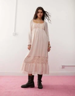 Reclaimed Vintage Boho Maxi Dress With Ruffles In Pastel Pink For Women Blush -Closet Theory Her 207441816 1 blush 1