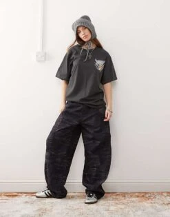 Reclaimed Vintage Barrel Leg Trouser In Burgundy Distressed Denim Print For Women